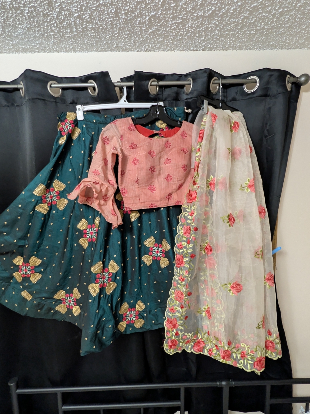 Teal Floral Embroidered Lehenga Set with Pink Blouse and Sheer Dupatta